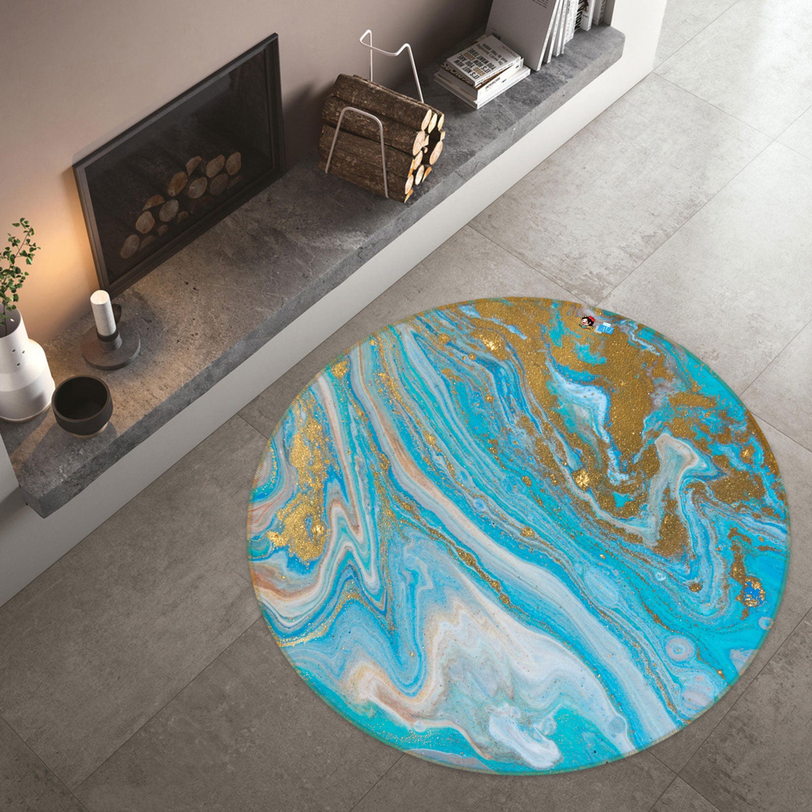 3D Blue Golden Texture 81170 Round Non Slip Rug Mat