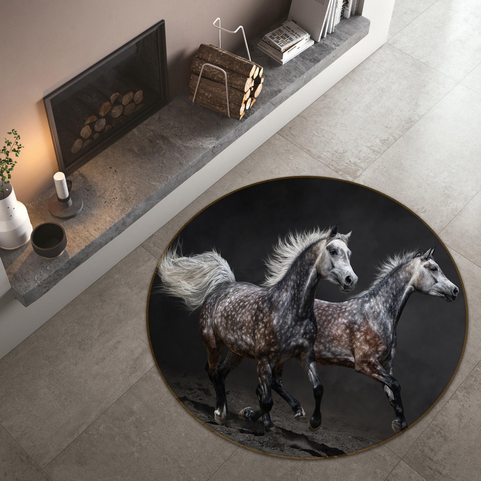 3D Two Horses 71197 Round Non Slip Rug Mat