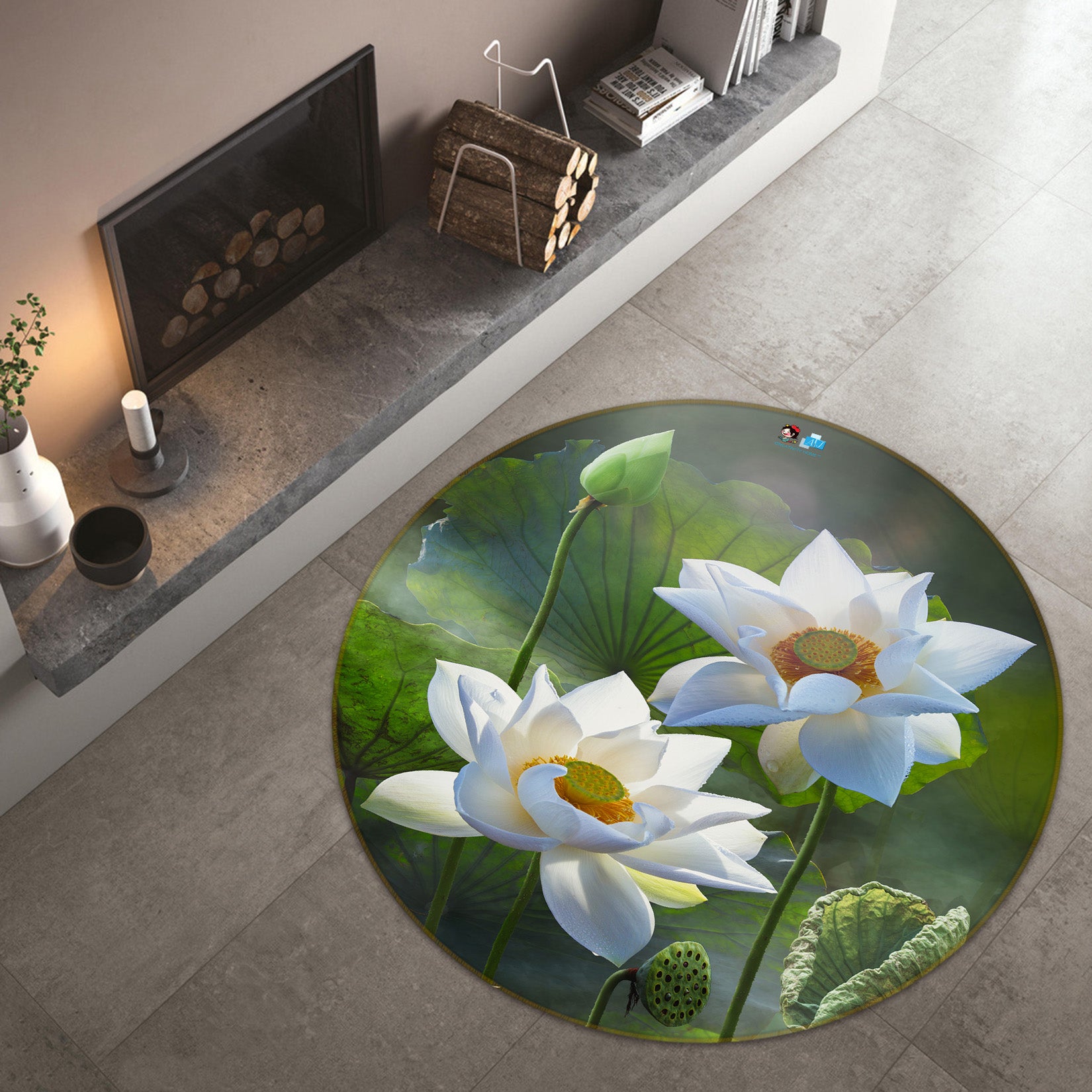 3D White Lotus 71170 Round Non Slip Rug Mat