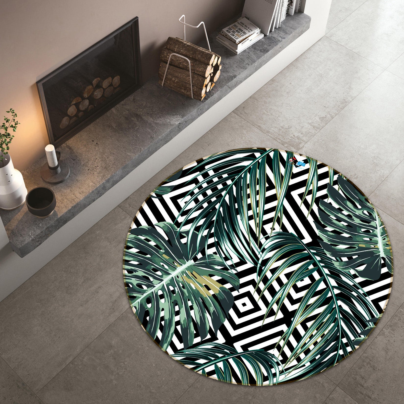3D Leaves Black White Stripes 64131 Round Non Slip Rug Mat