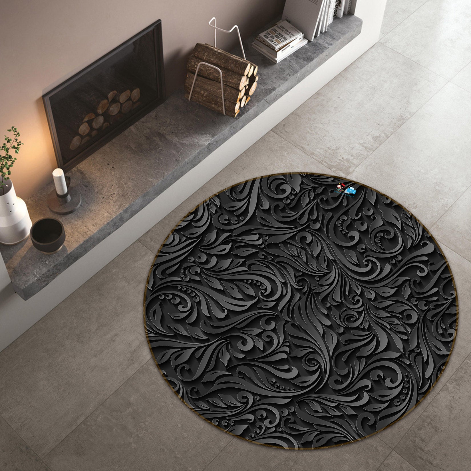 3D Black Pattern 72099 Round Non Slip Rug Mat