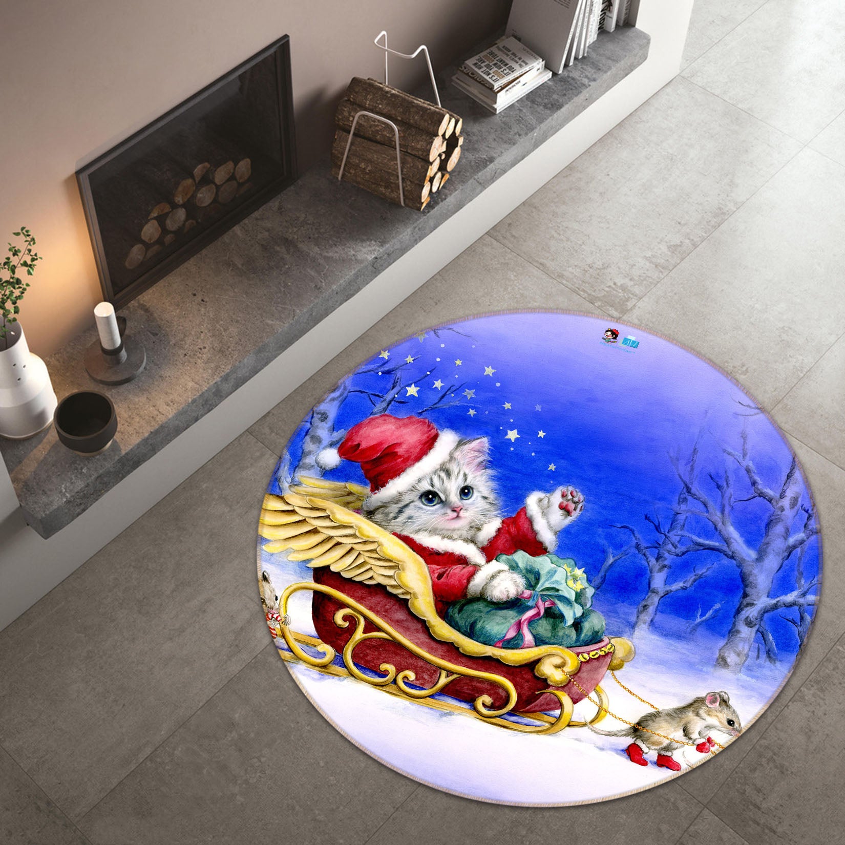 3D Christmas Cat Mouse 6059 Kayomi Harai Rug Round Non Slip Rug Mat