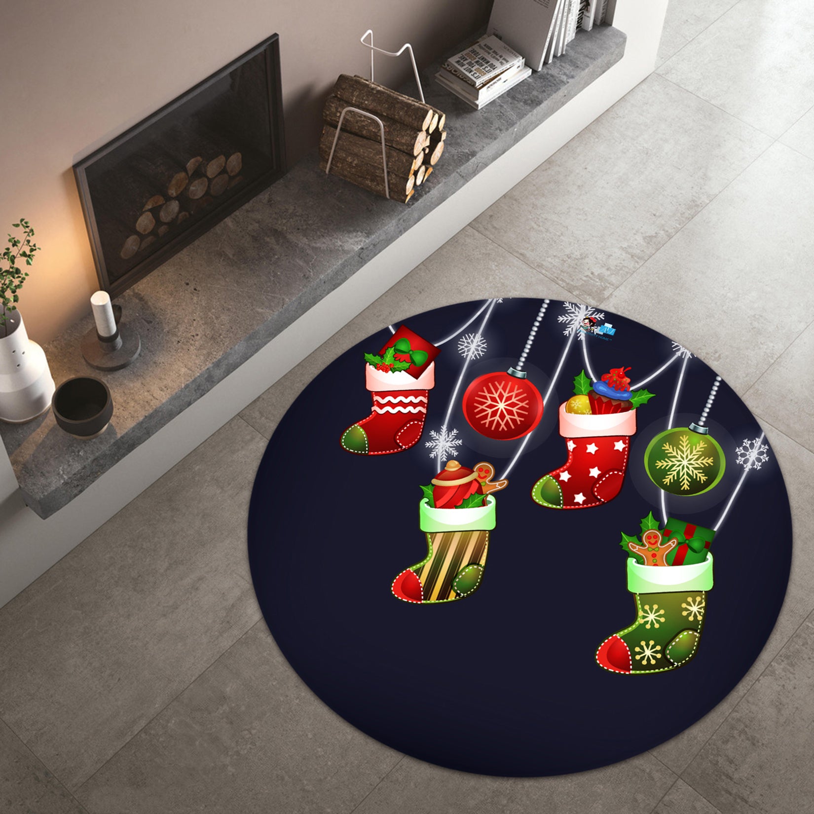 3D Socks Pendant 65236 Christmas Round Non Slip Rug Mat Xmas