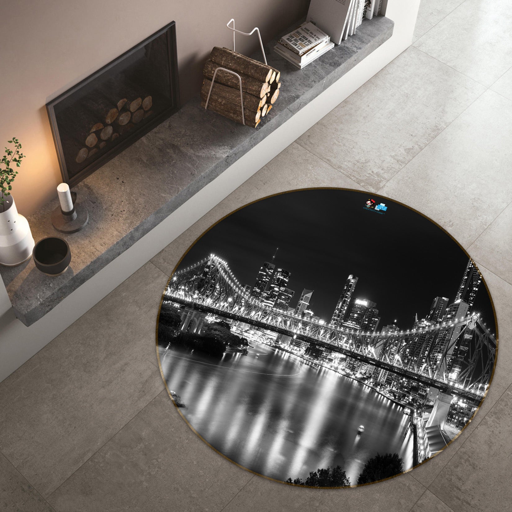 3D Black White City Bridge 72189 Round Non Slip Rug Mat