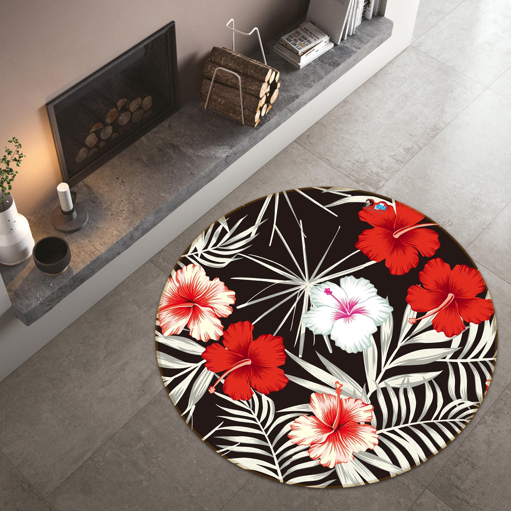 3D Black Red Flowers 81061 Round Non Slip Rug Mat