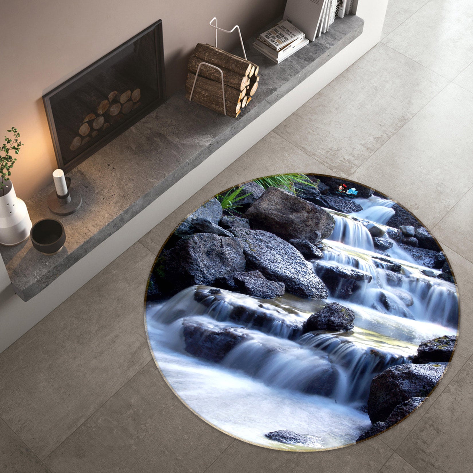 3D Stone Waterfall 72140 Round Non Slip Rug Mat