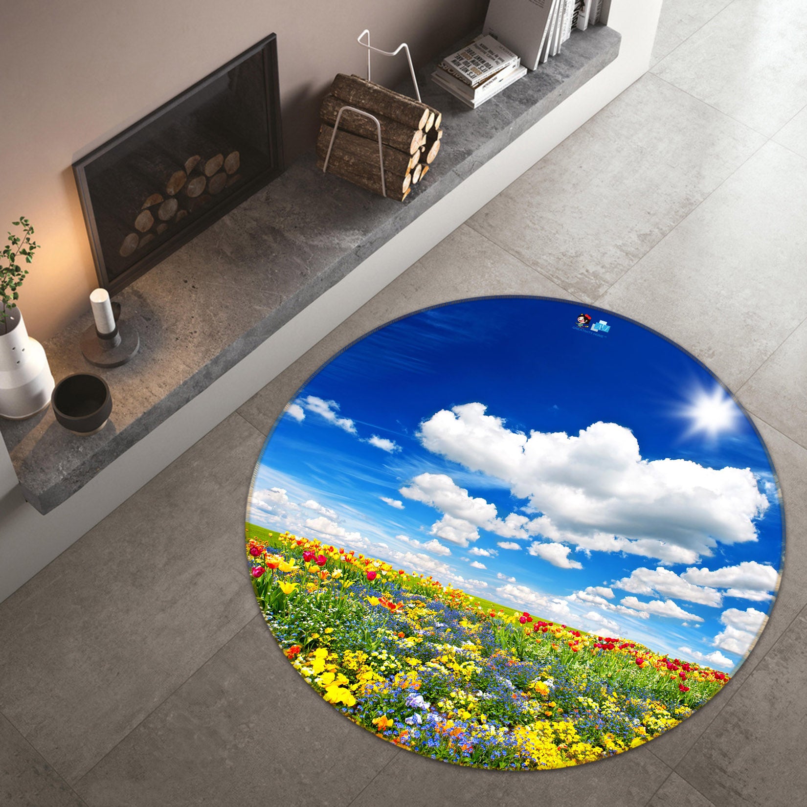 3D Sky Flowers 66173 Round Non Slip Rug Mat