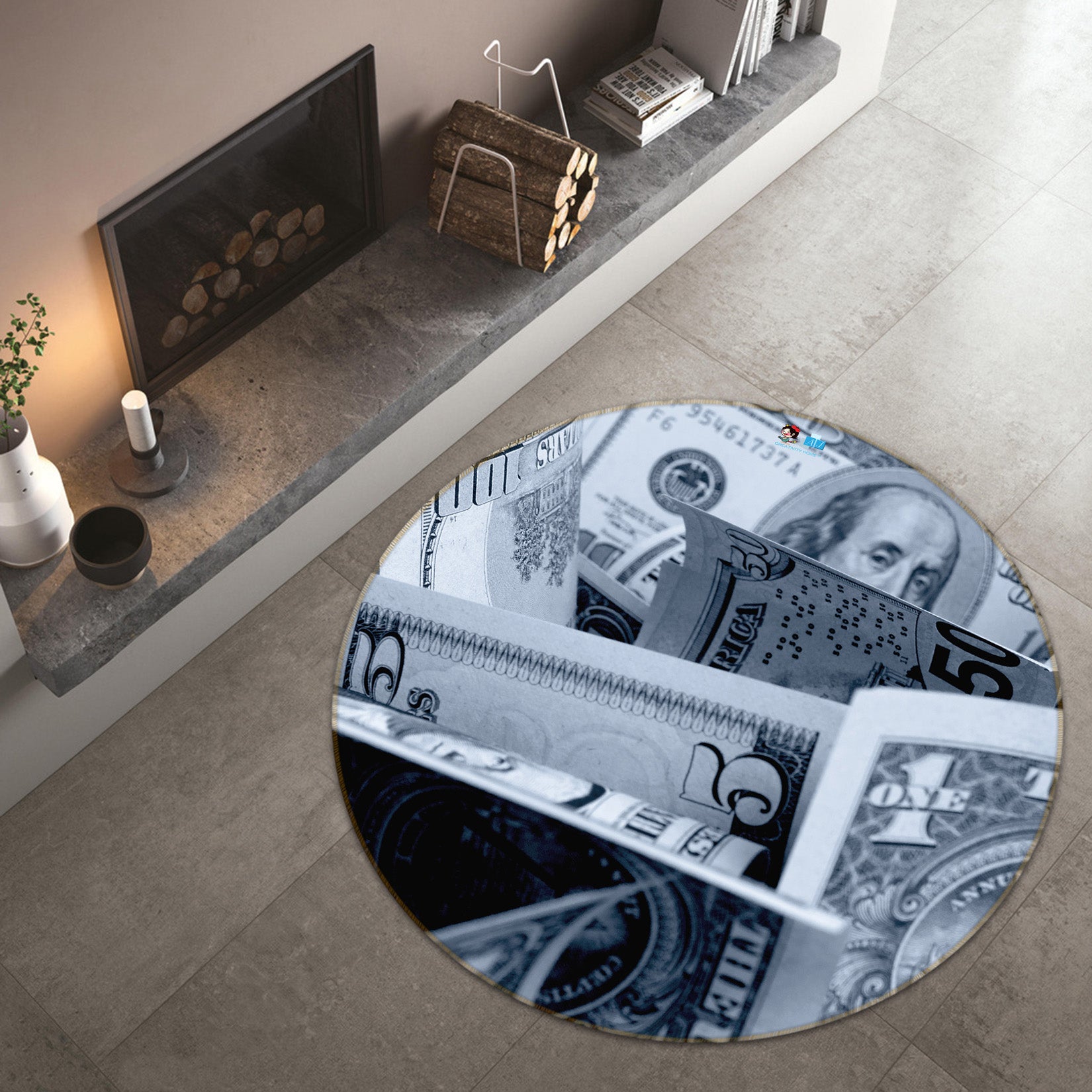 3D Black White Money 74165 Round Non Slip Rug Mat