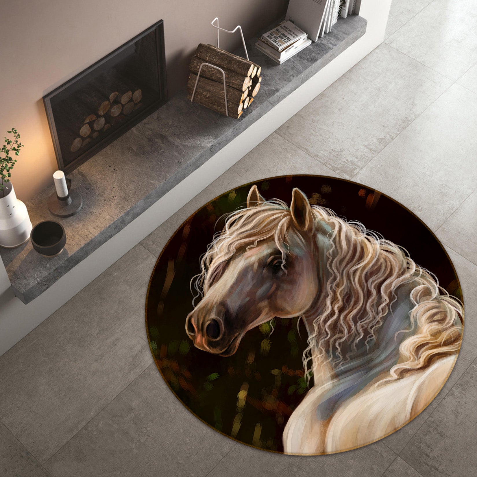 3D White Horse 37162 Animal Round Non Slip Rug Mat