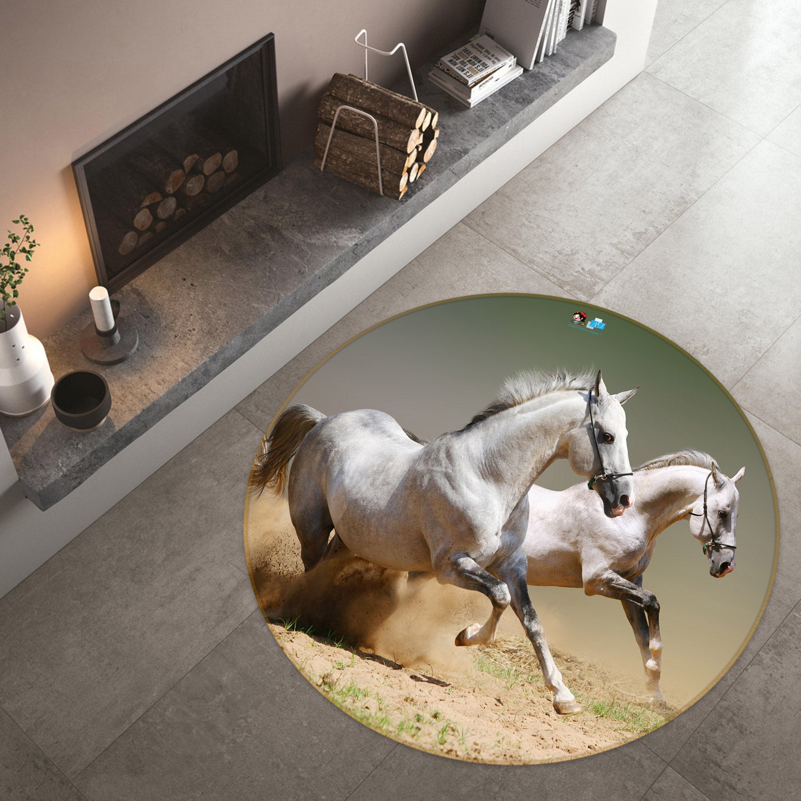 3D White Horse 72146 Round Non Slip Rug Mat