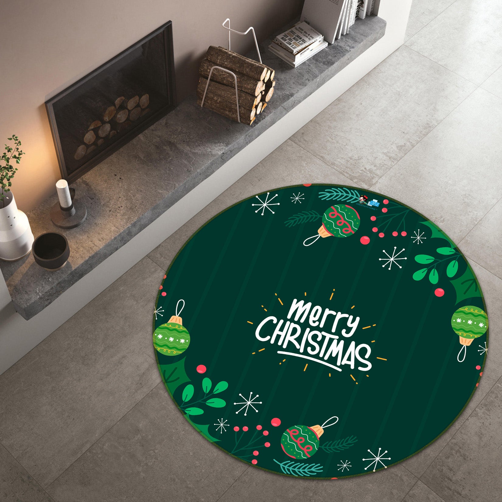 3D Christmas Green Balls 81129 Round Non Slip Rug Mat