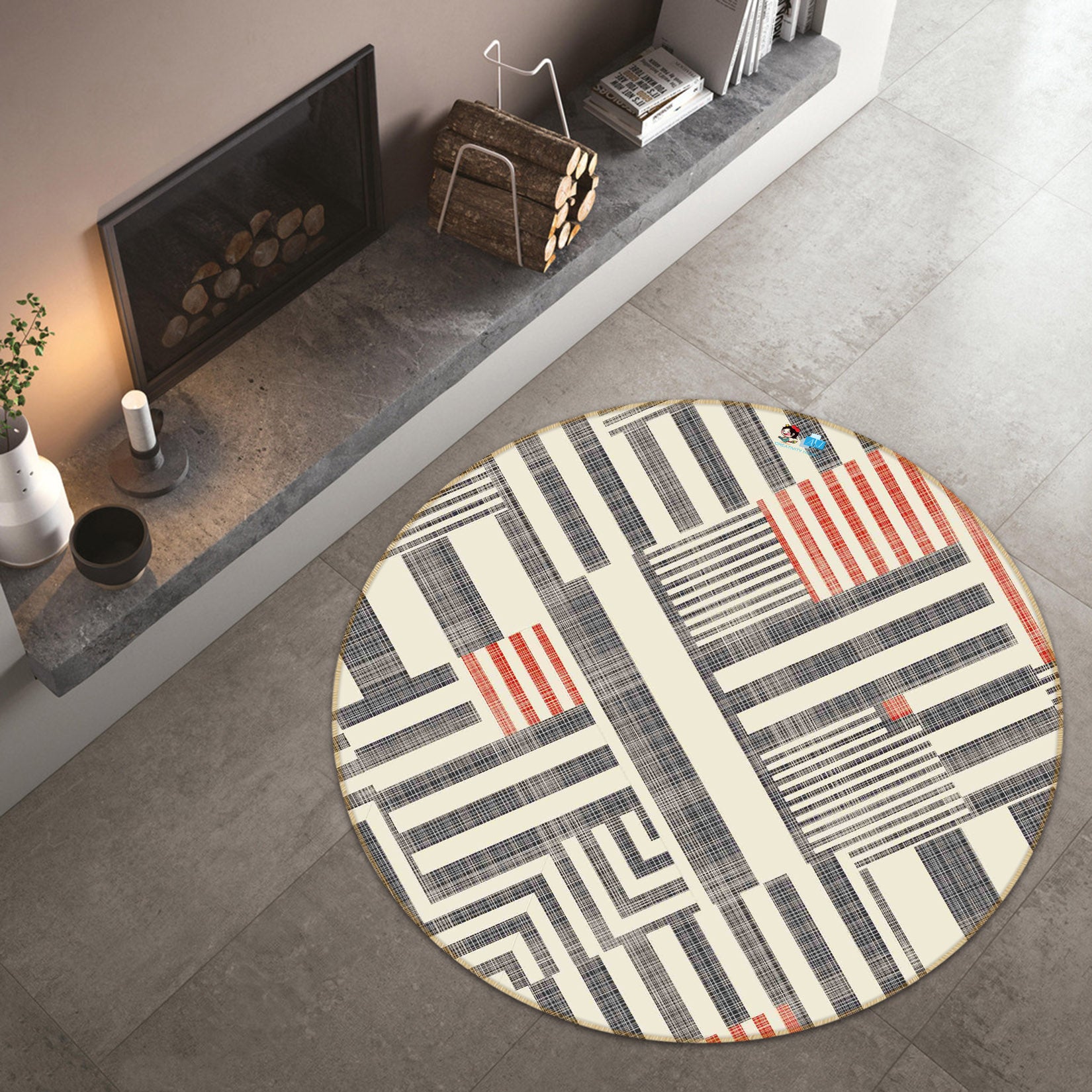 3D Gray Red Stripes 64148 Round Non Slip Rug Mat