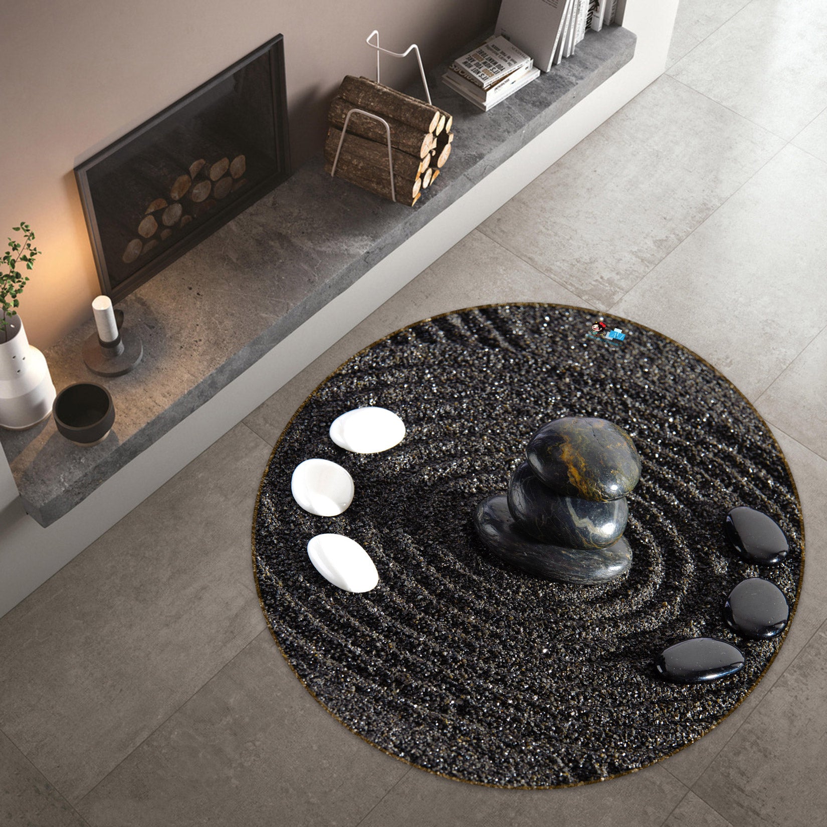3D Black White Stone 72223 Round Non Slip Rug Mat