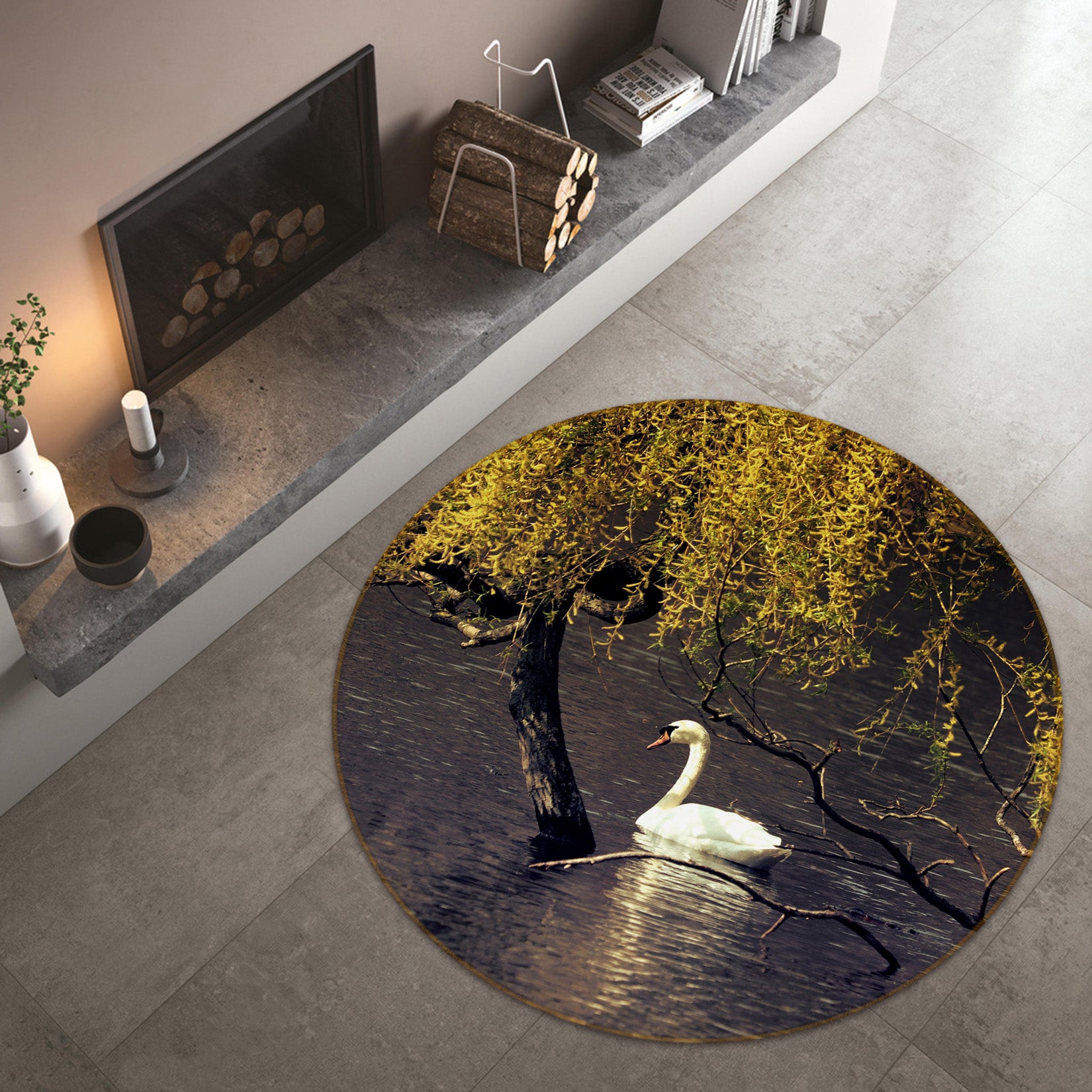 3D Swan Lake 82053 Animal Round Non Slip Rug Mat