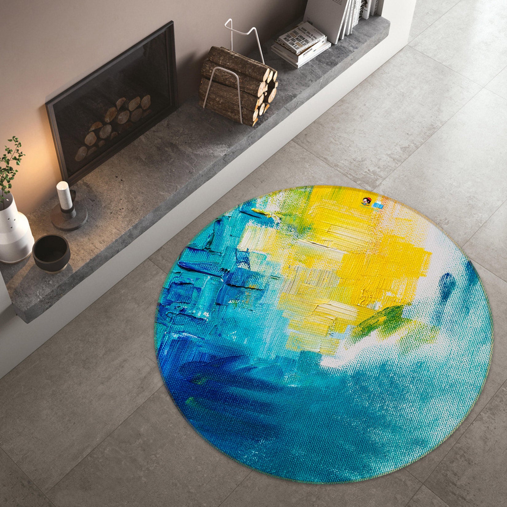 3D Oil Painting Yellow Blue 81216 Round Non Slip Rug Mat