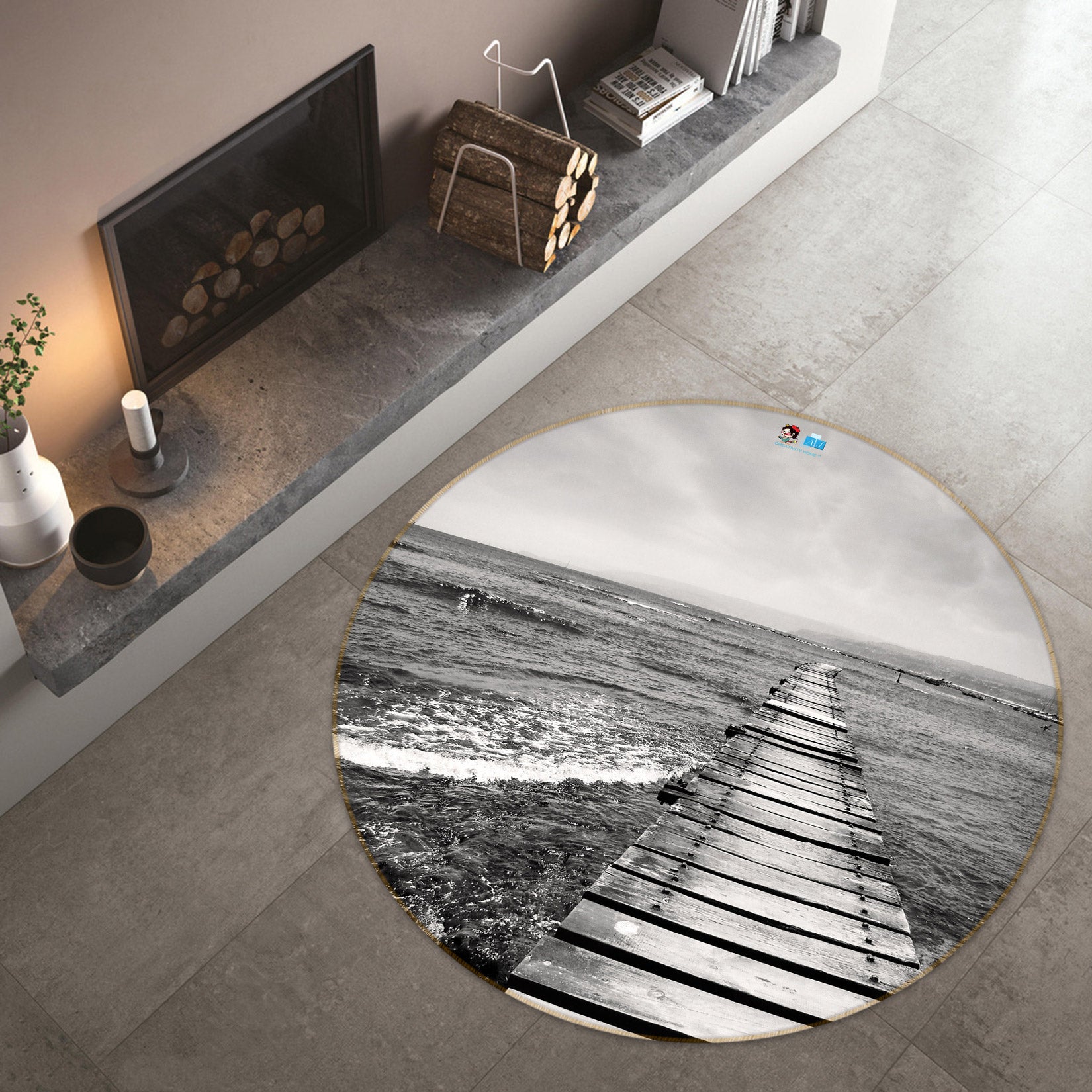 3D Black White Bridge 72224 Round Non Slip Rug Mat