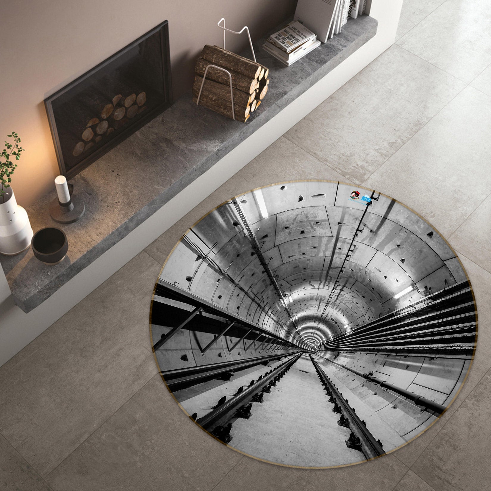 3D Black White Tunnel 72165 Round Non Slip Rug Mat