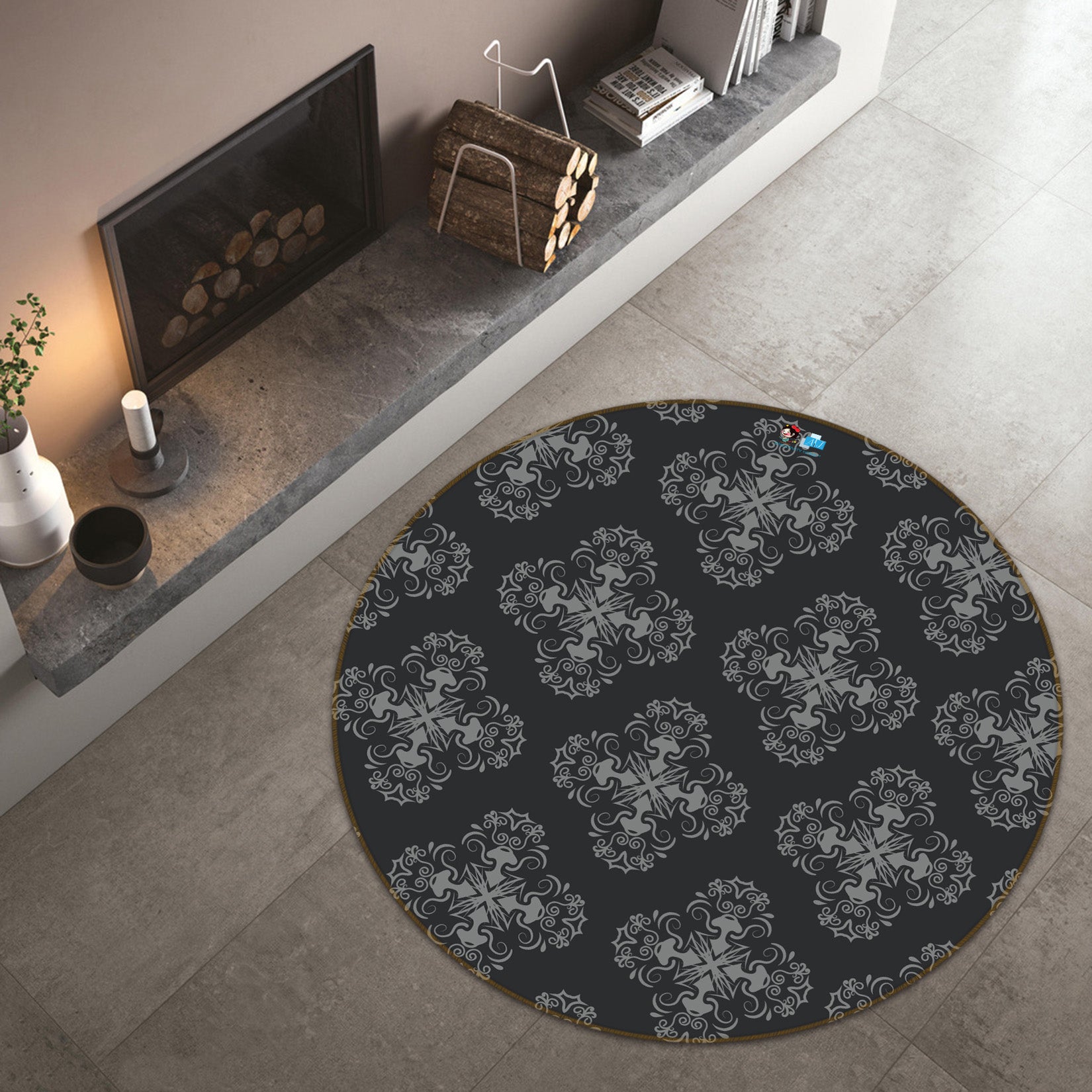 3D Black Texture 64110 Round Non Slip Rug Mat