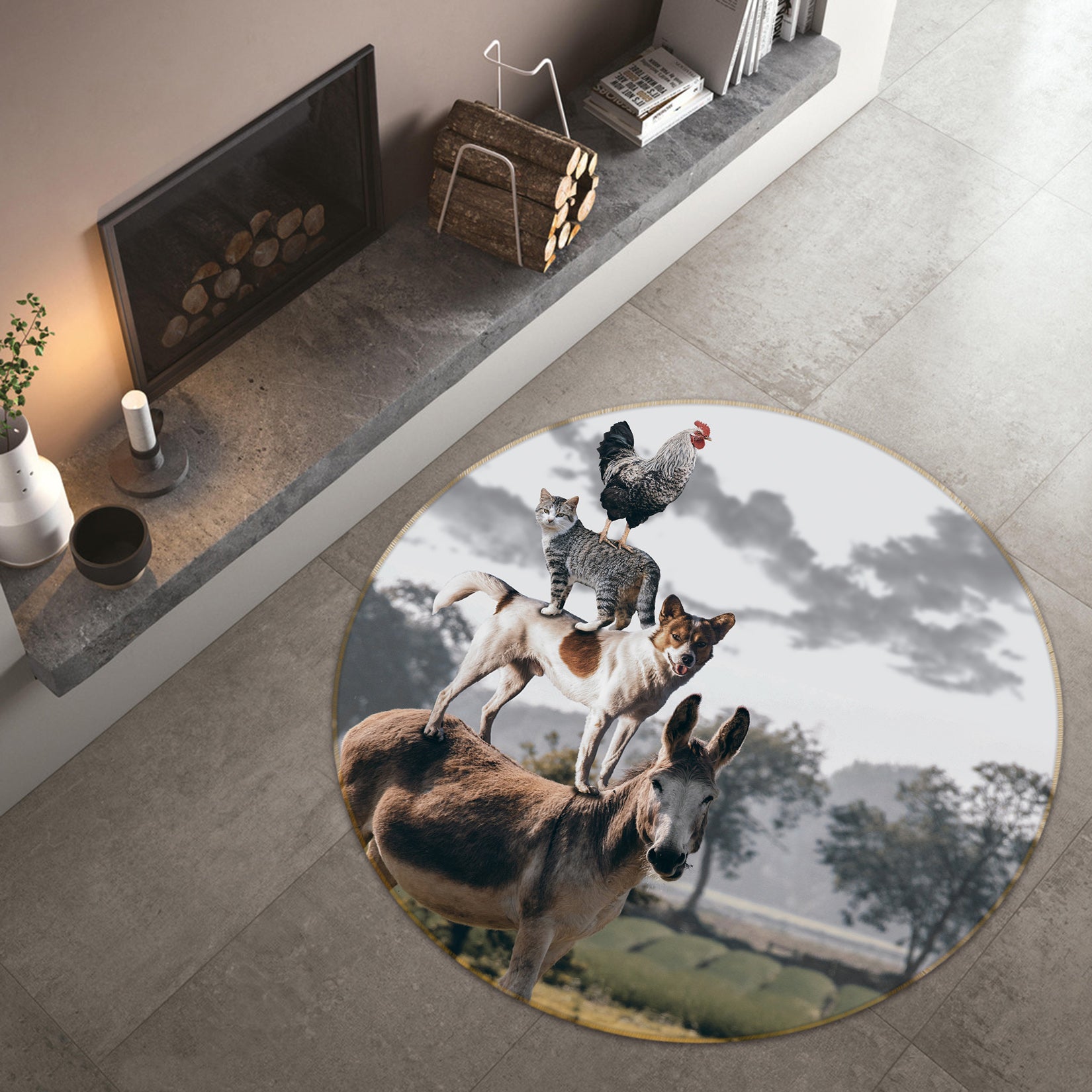 3D Donkey Dog Cat Chicken 37167 Animal Round Non Slip Rug Mat