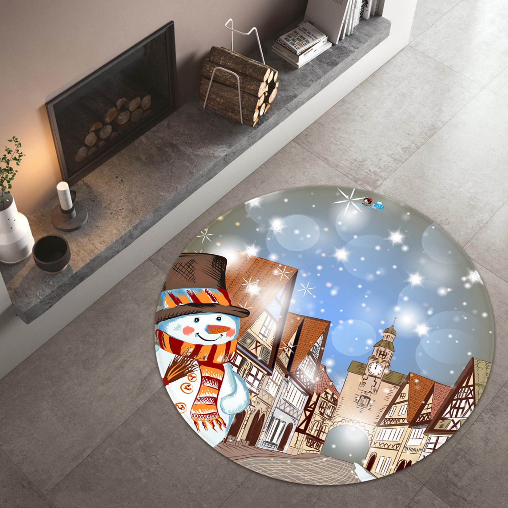3D Snowman Street Houses 66006 Christmas Round Non Slip Rug Mat Xmas