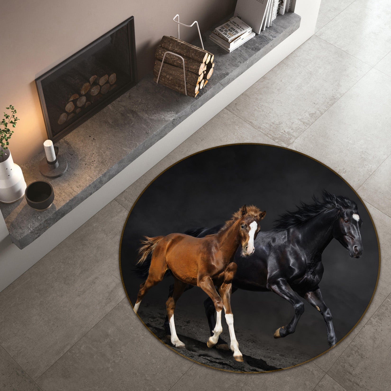 3D Two Horses 38011 Animal Round Non Slip Rug Mat
