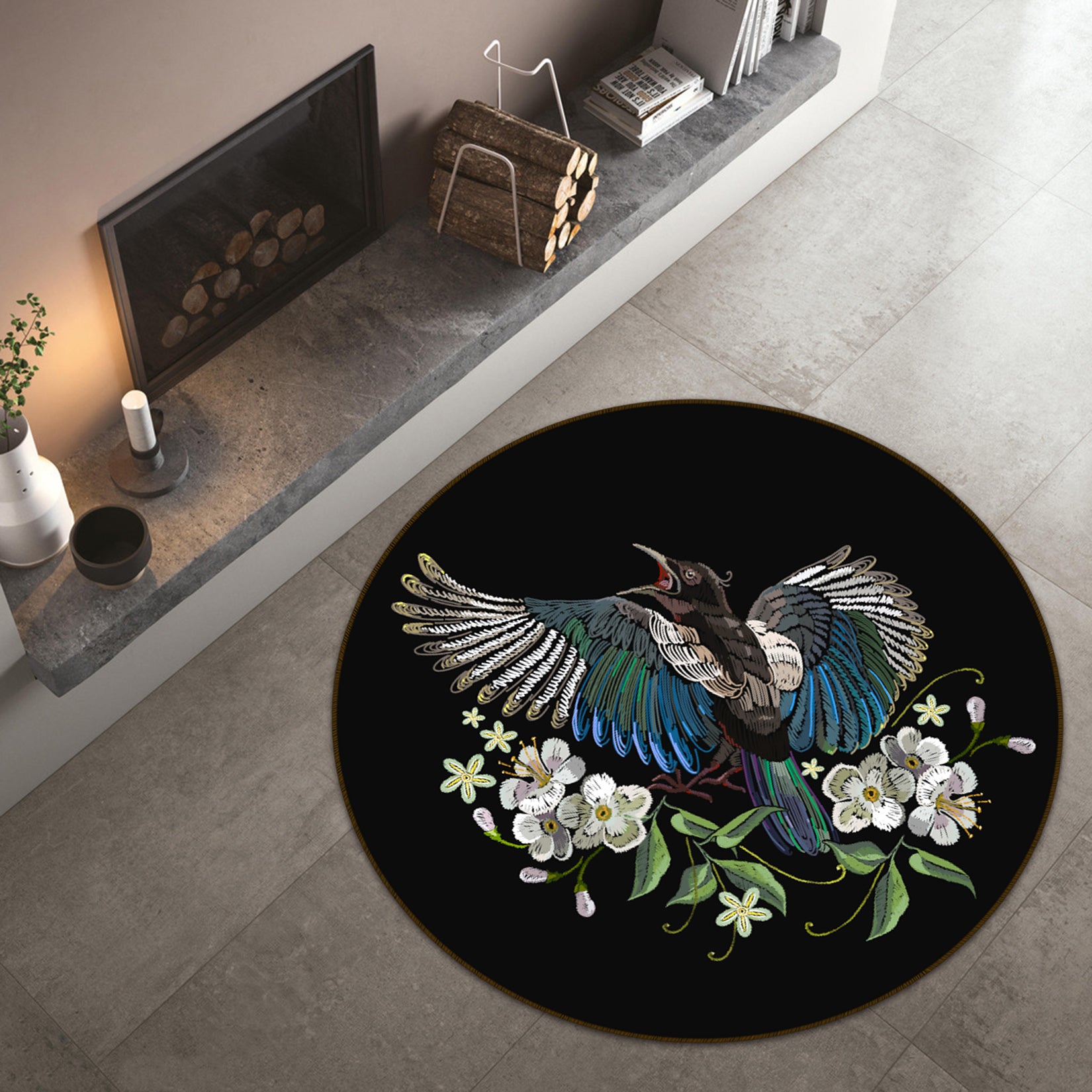 3D Bird Flowers 71180 Round Non Slip Rug Mat