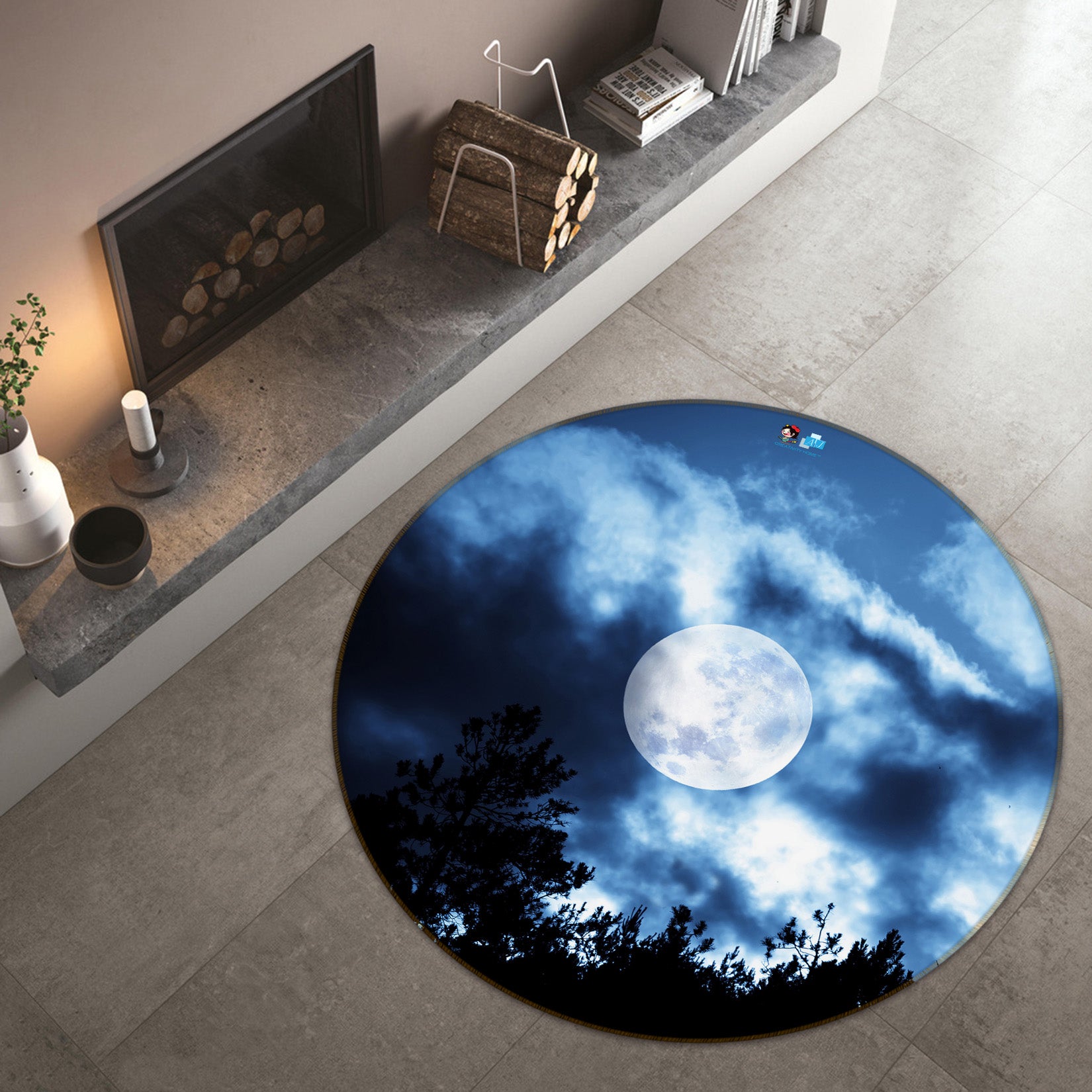 3D Night Sky Moon 74097 Round Non Slip Rug Mat