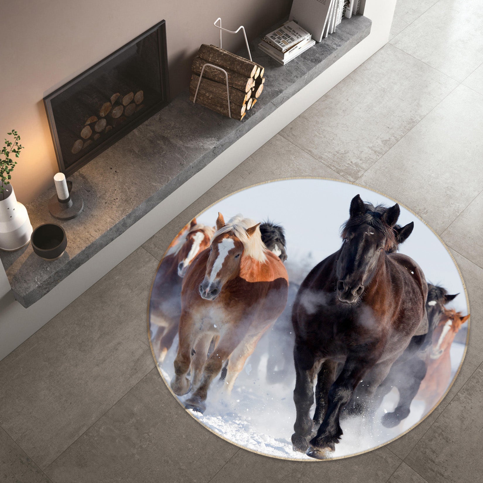3D Group Of Horses 38036 Animal Round Non Slip Rug Mat