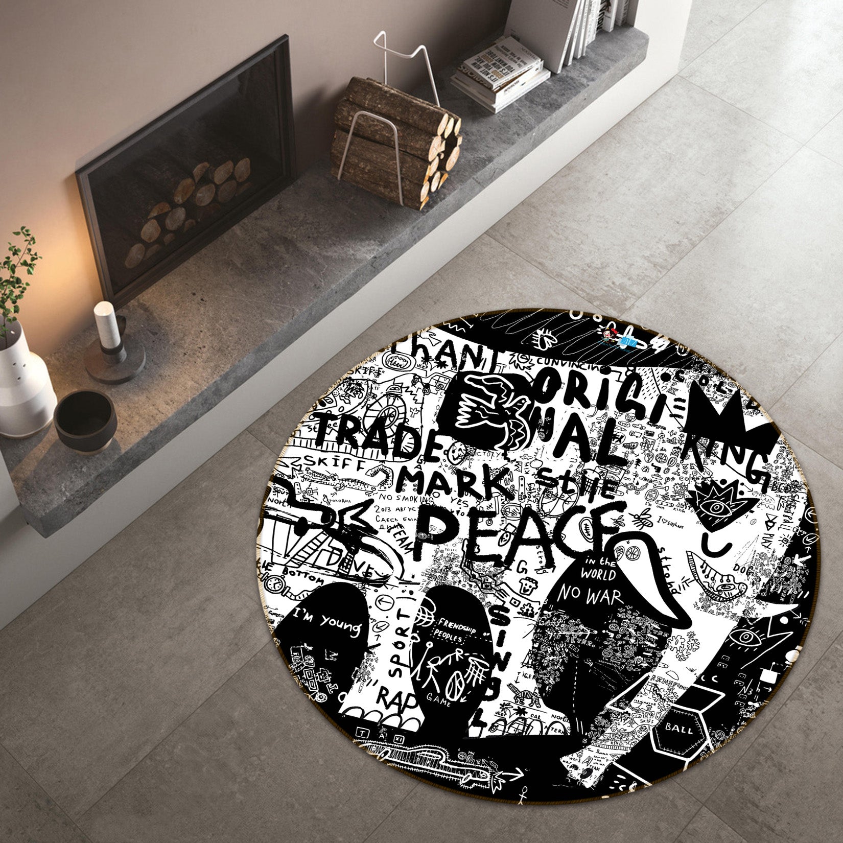 3D Black White Elephant 72083 Round Non Slip Rug Mat