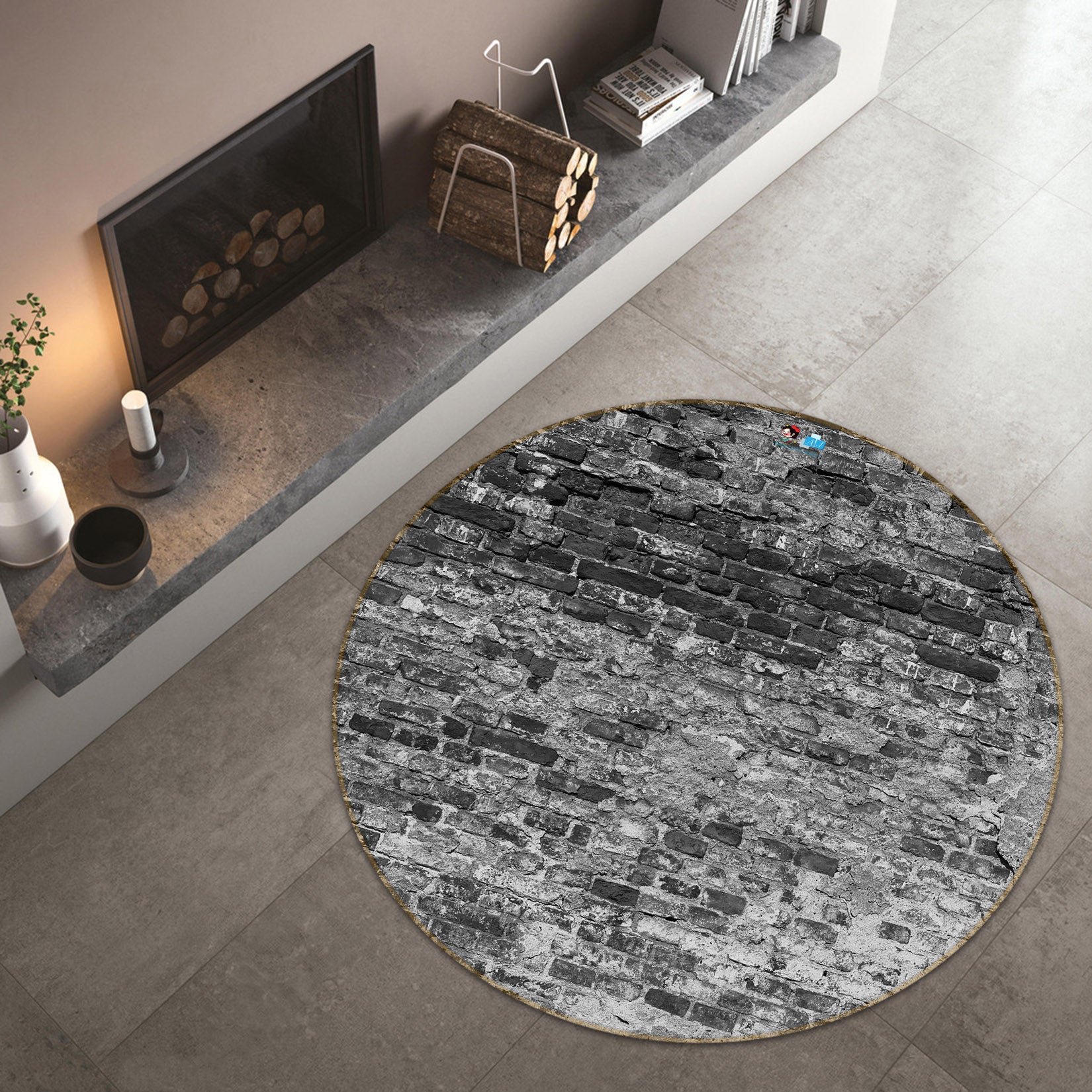 3D Black Gray Brick Wall 74175 Round Non Slip Rug Mat