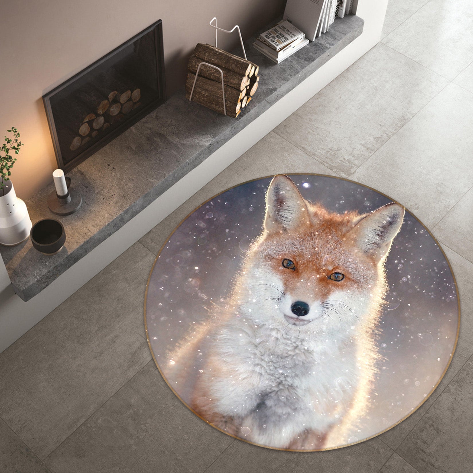 3D Fox Snow 38002 Animal Round Non Slip Rug Mat