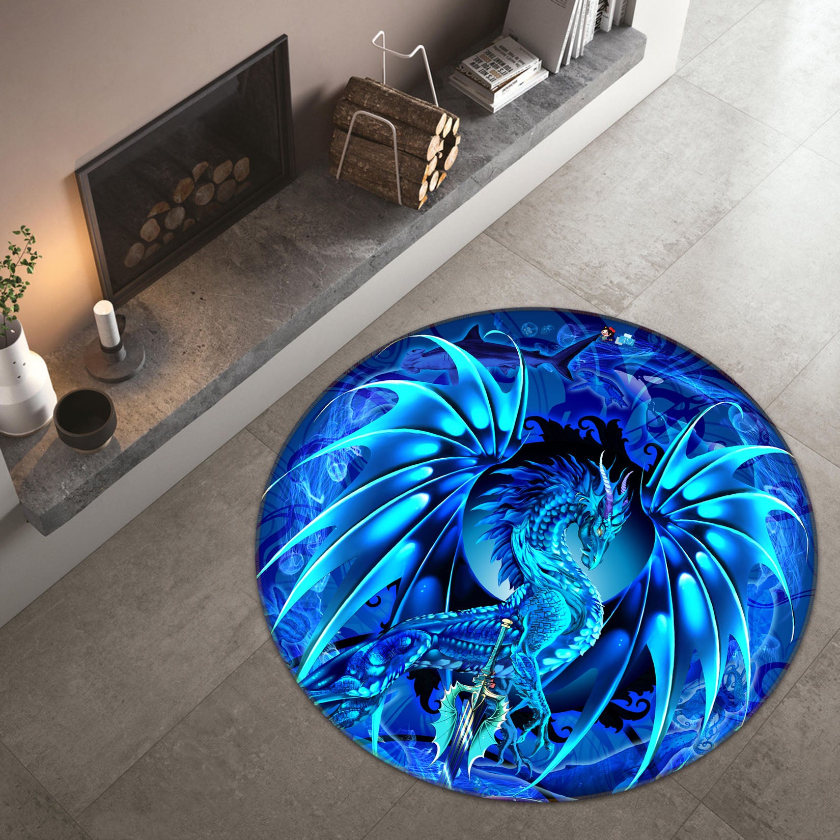 3D Blue Dragon 8375 Ruth Thompson Rug Round Non Slip Rug Mat
