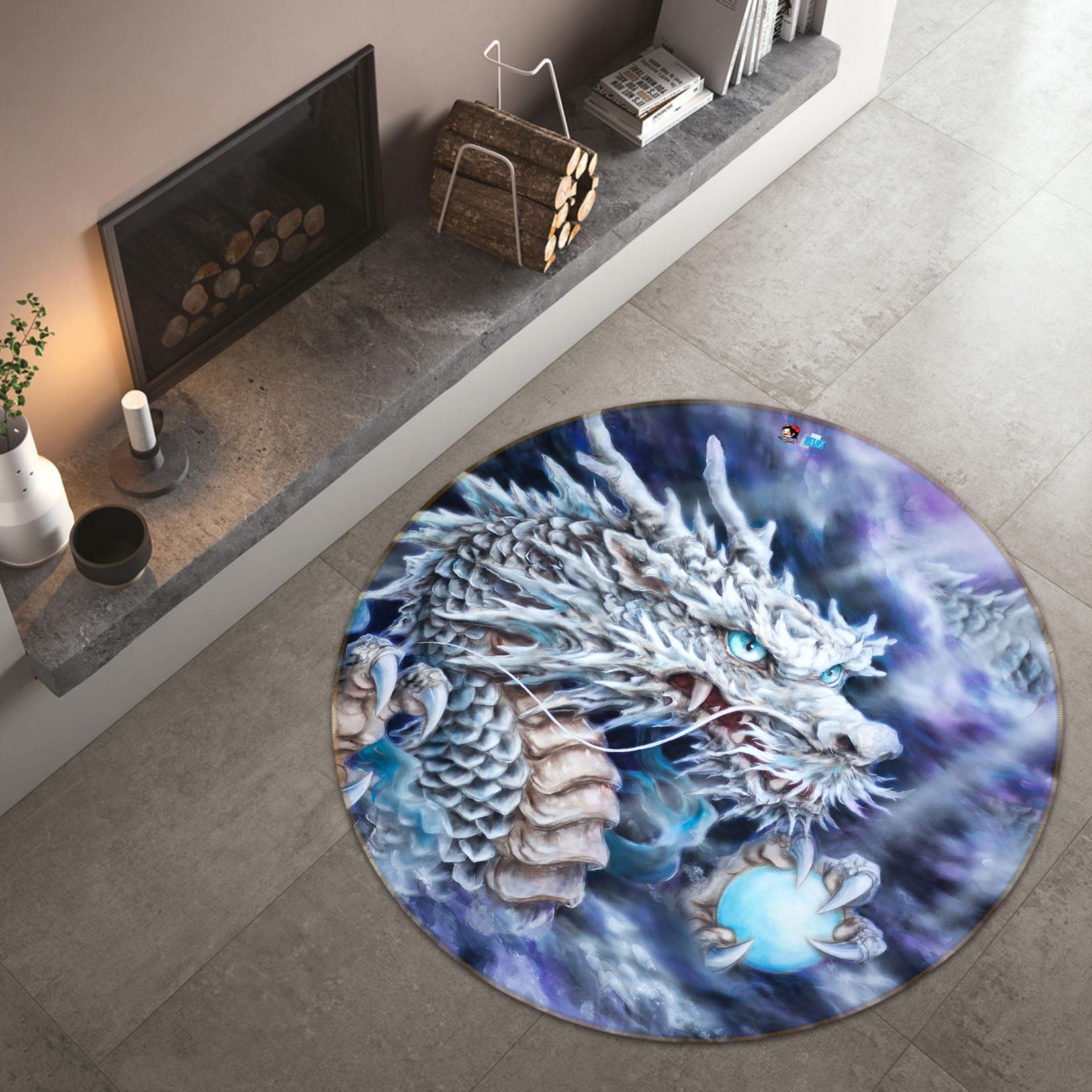 3D White Dragon 6066 Kayomi Harai Rug Round Non Slip Rug Mat