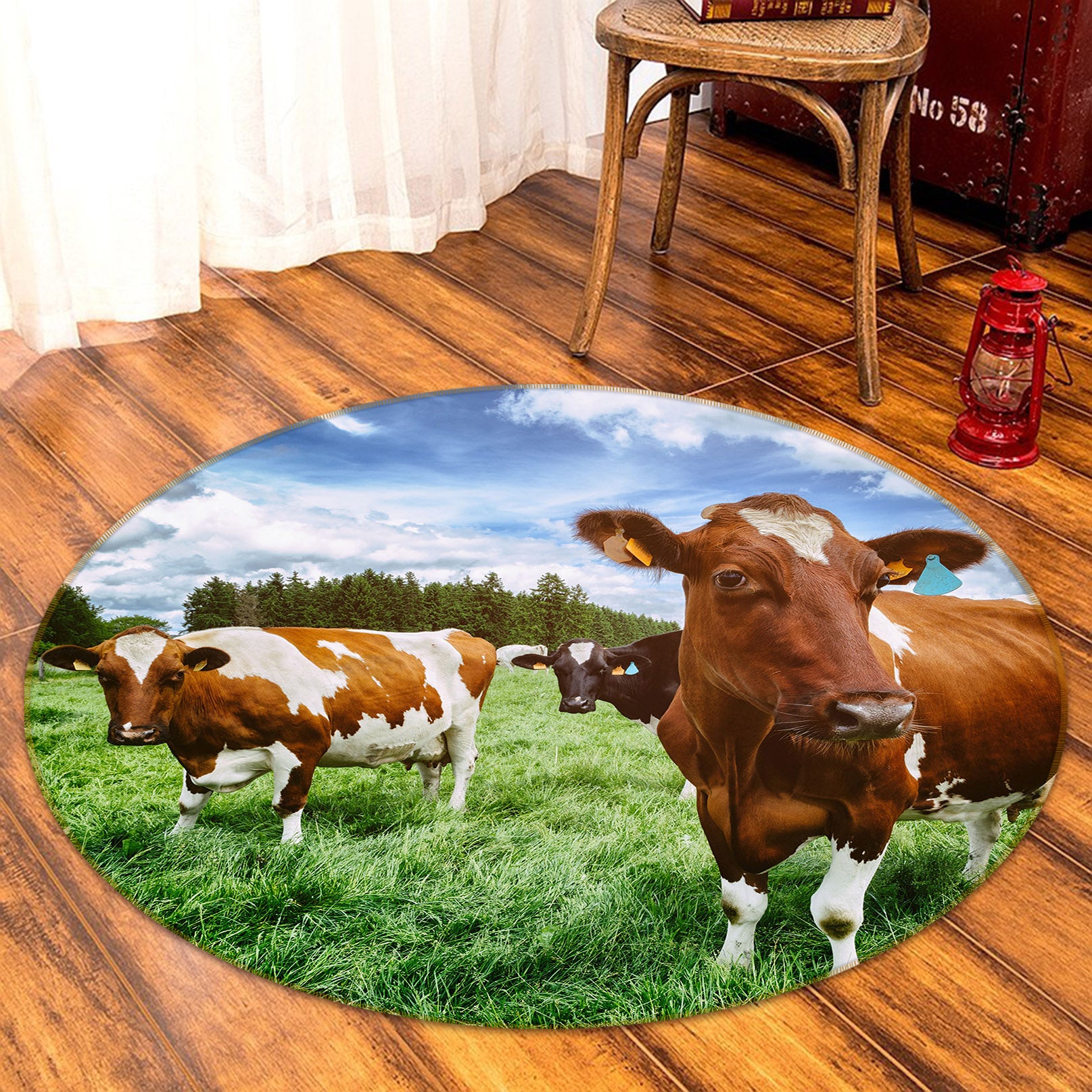 3D Cow Grass 37173 Animal Round Non Slip Rug Mat