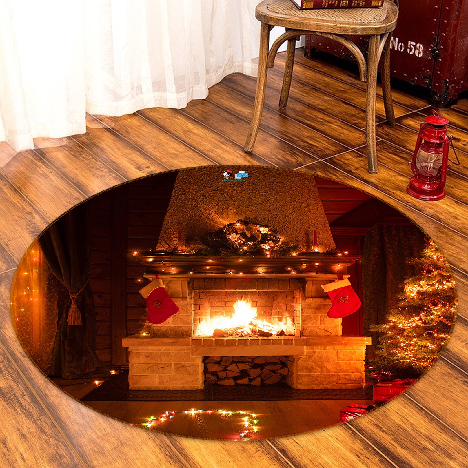 3D Fireplace 54088 Christmas Round Non Slip Rug Mat Xmas