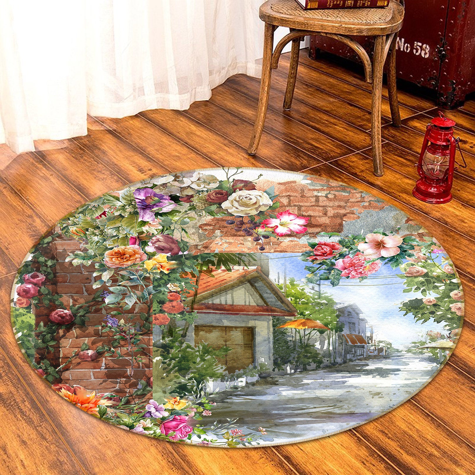 3D Flower Bush Cabin 71241 Round Non Slip Rug Mat
