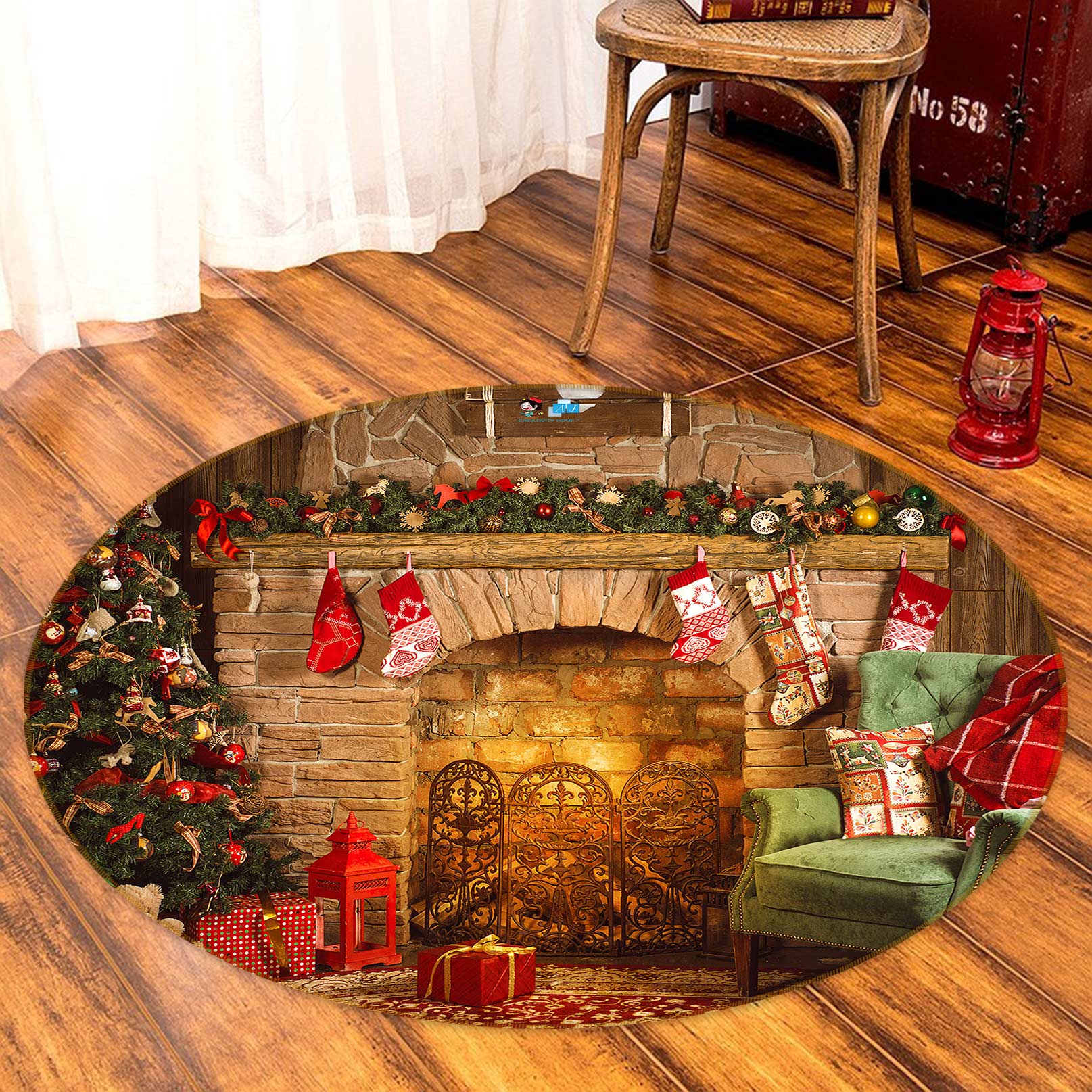 3D Fireplace Tree Sofa 54038 Christmas Round Non Slip Rug Mat Xmas
