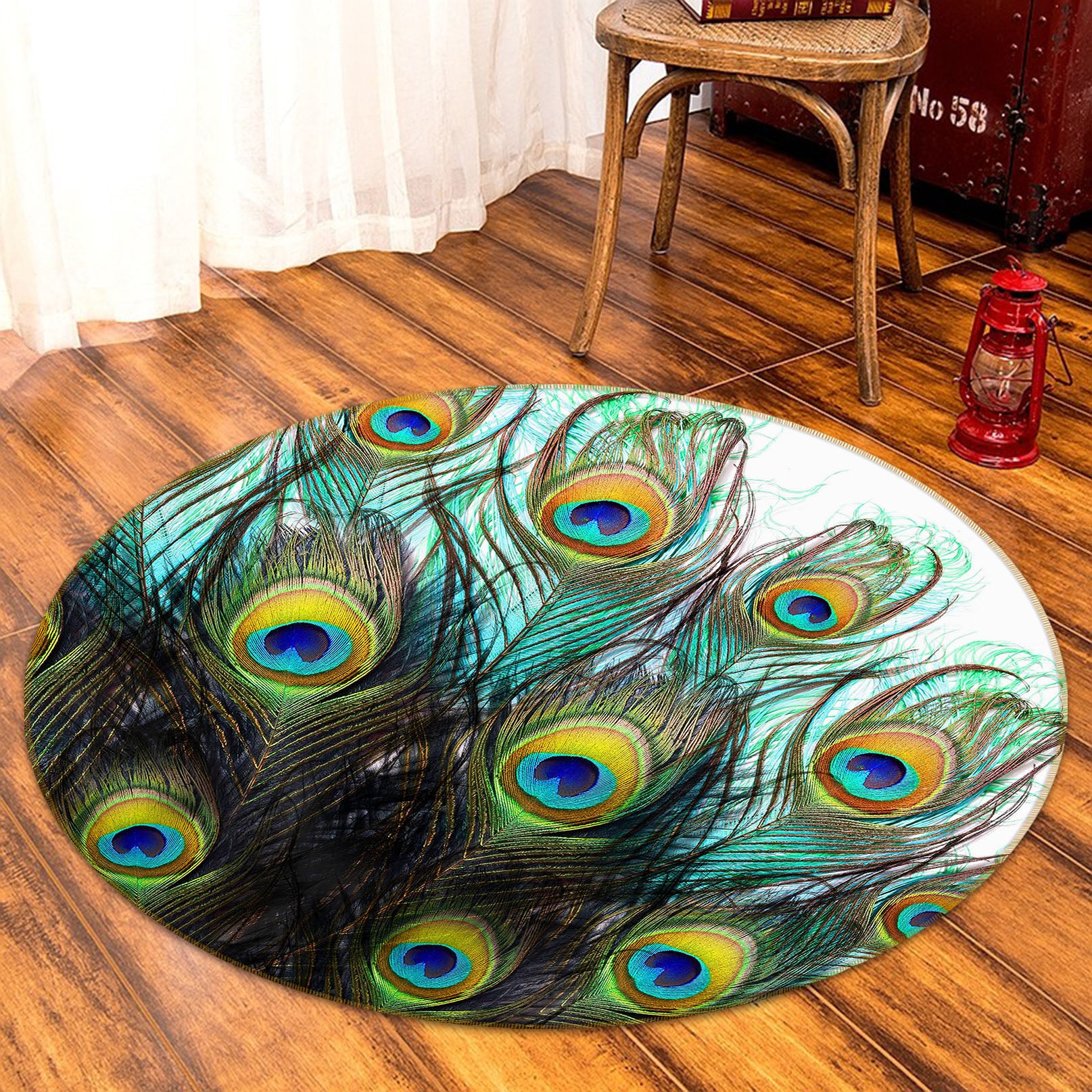3D Peacock Feather 29085 Round Non Slip Rug Mat