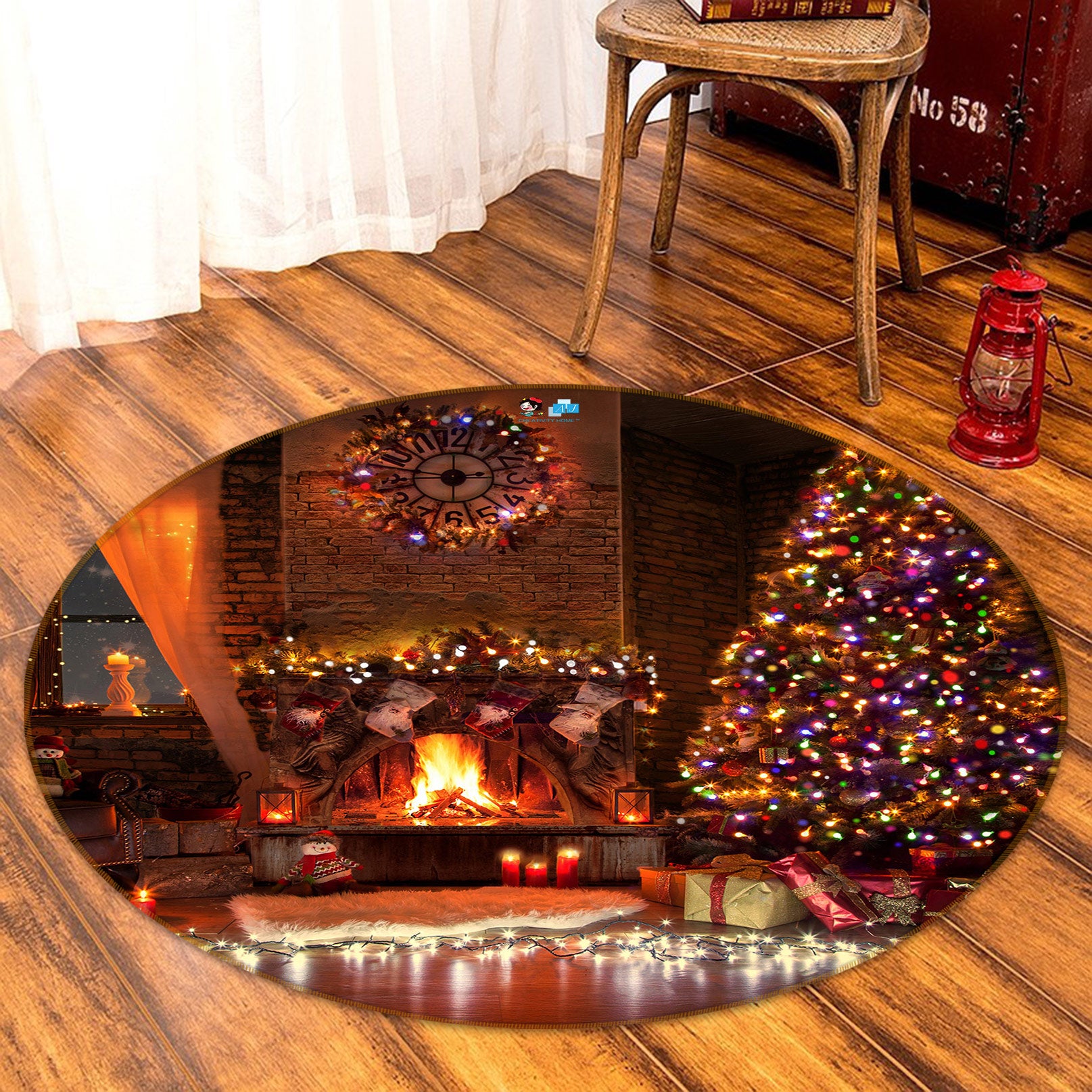 3D Fireplace Tree 54096 Christmas Round Non Slip Rug Mat Xmas
