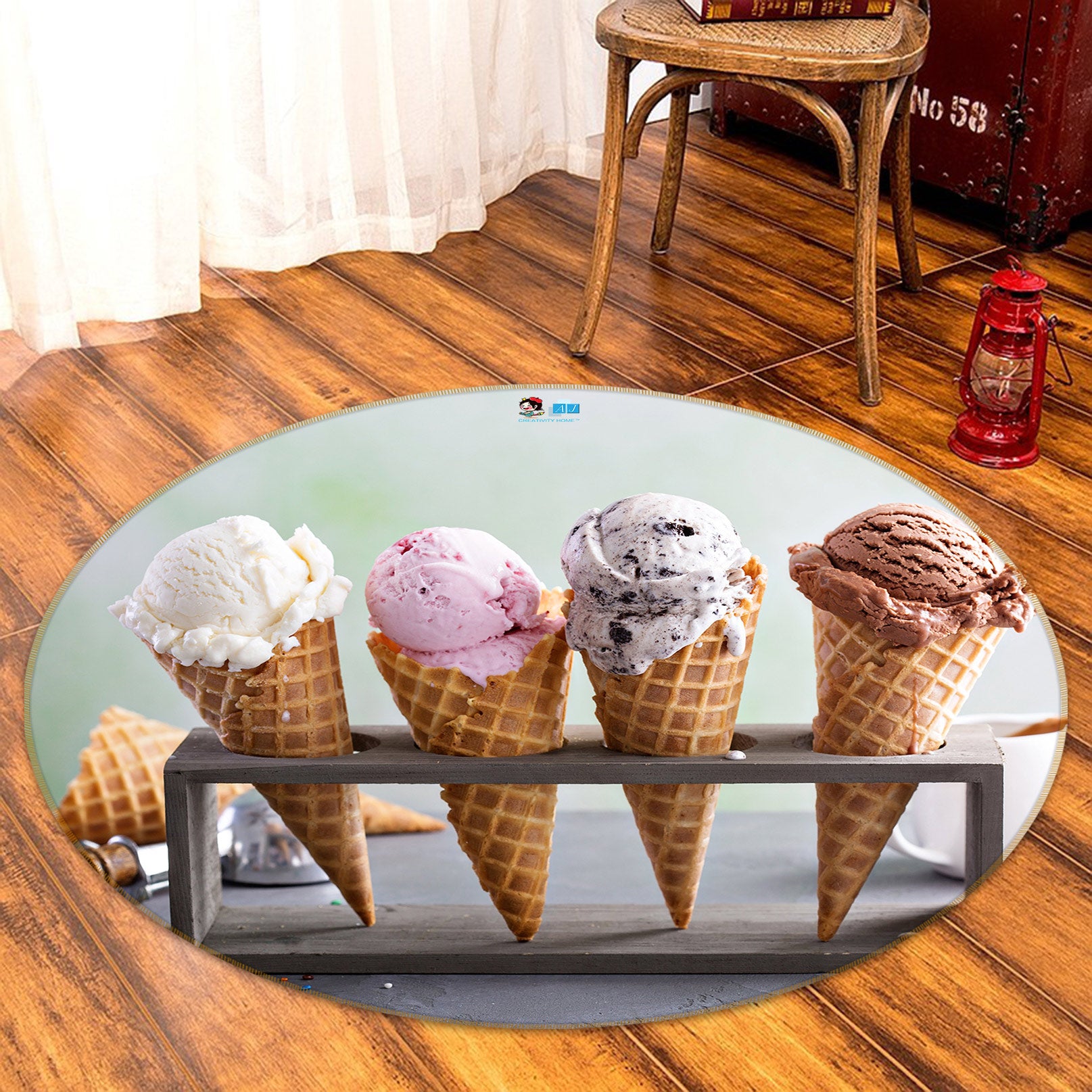 3D Ice Cream Cone 80237 Round Non Slip Rug Mat