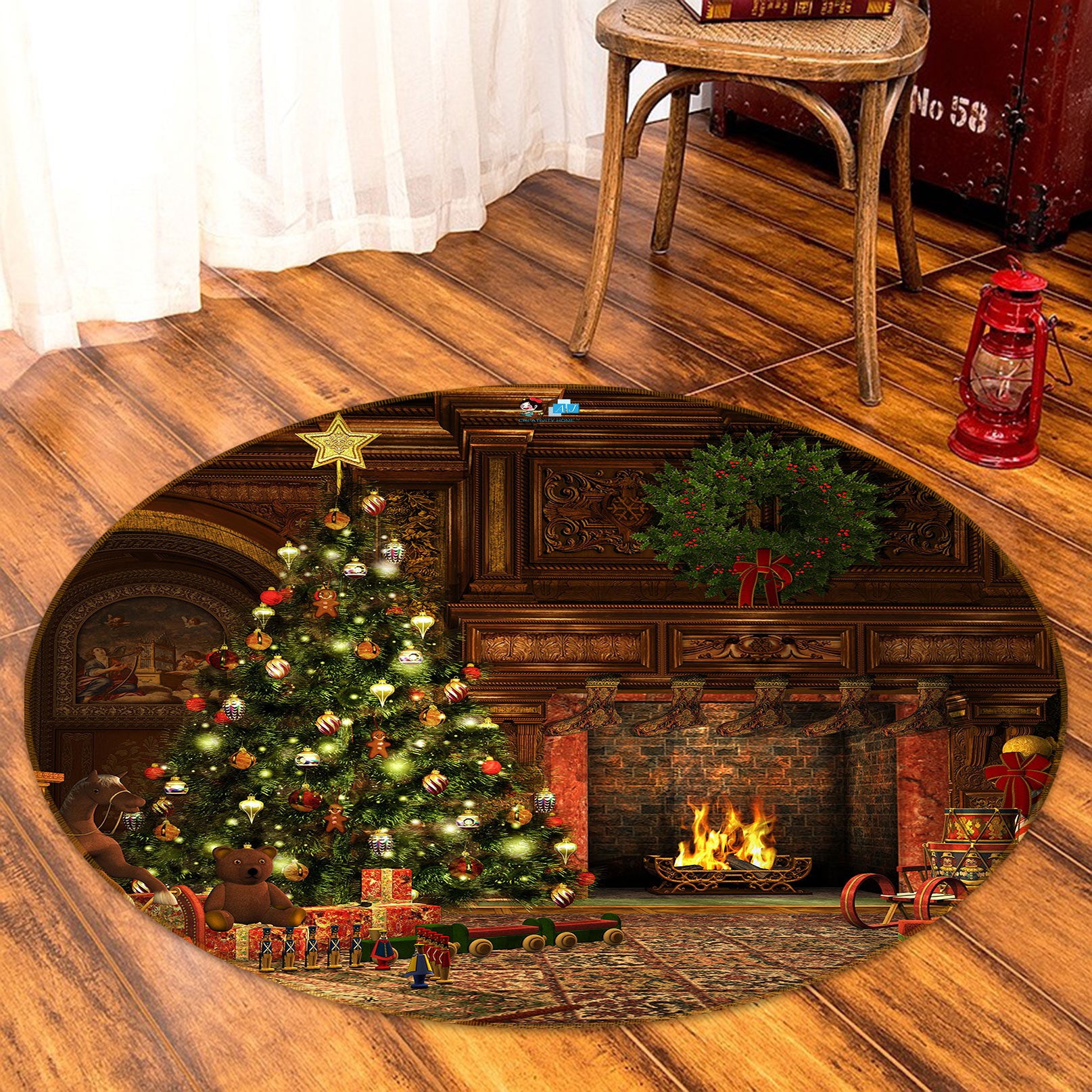 3D Tree Fire 54013 Christmas Round Non Slip Rug Mat Xmas