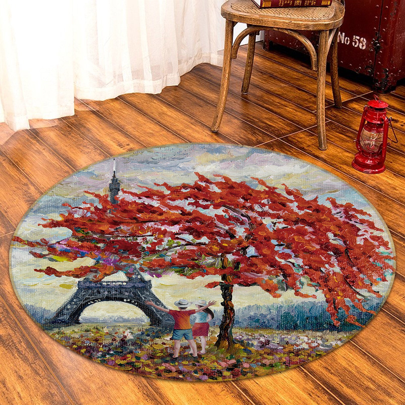 3D Red Leaf Tree Iron Tower 71232 Round Non Slip Rug Mat
