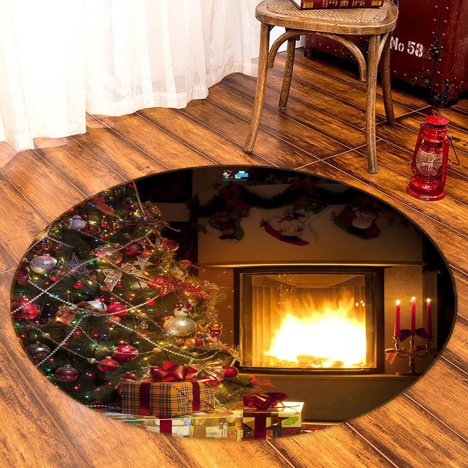3D Fireplace Tree 54004 Christmas Round Non Slip Rug Mat Xmas
