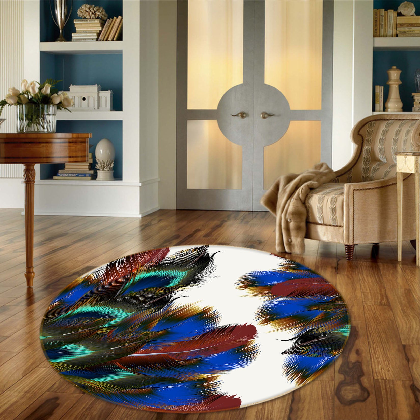3D Feather 29013 Round Non Slip Rug Mat