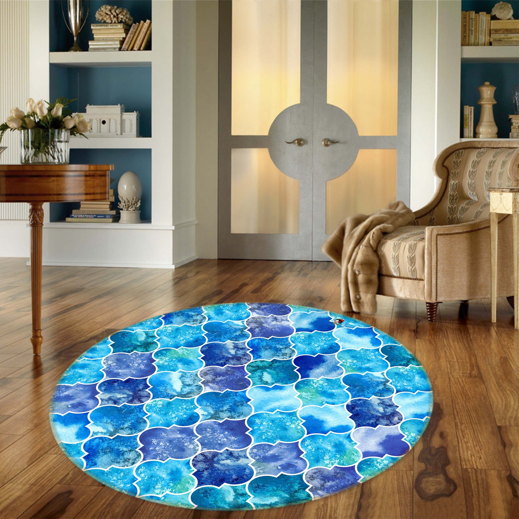 3D Blue Pattern 81175 Round Non Slip Rug Mat