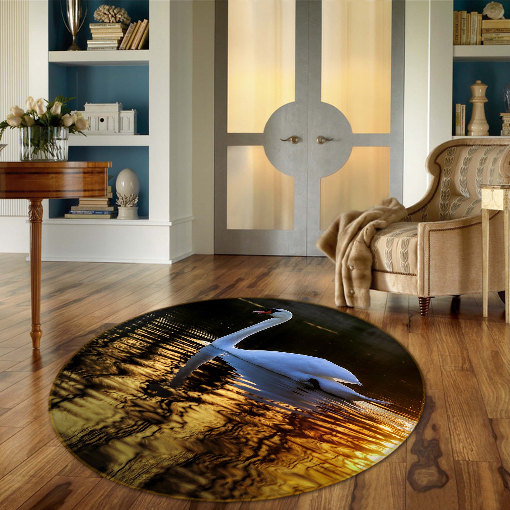 3D Swan Lake 82278 Animal Round Non Slip Rug Mat