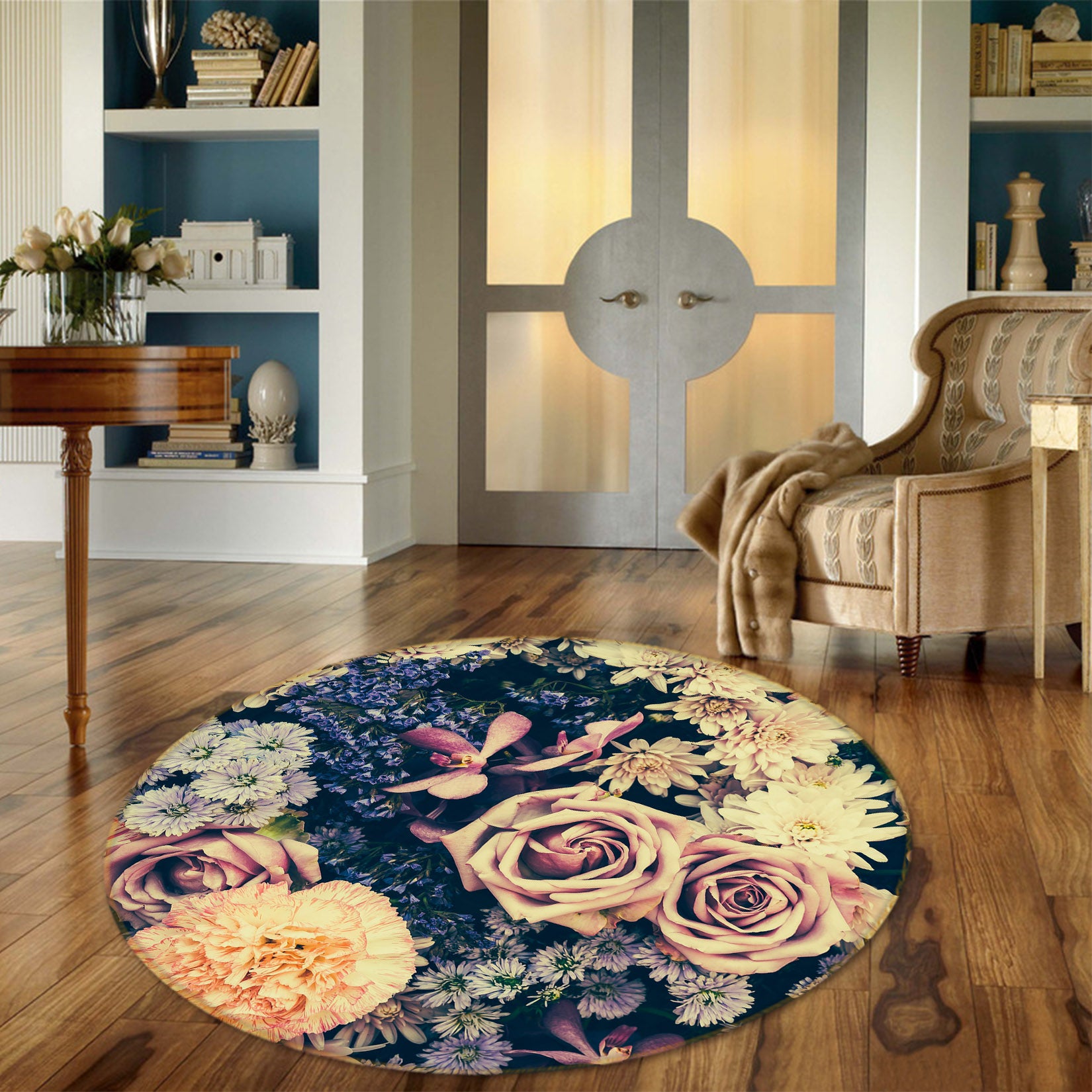 3D Flowers 29097 Round Non Slip Rug Mat