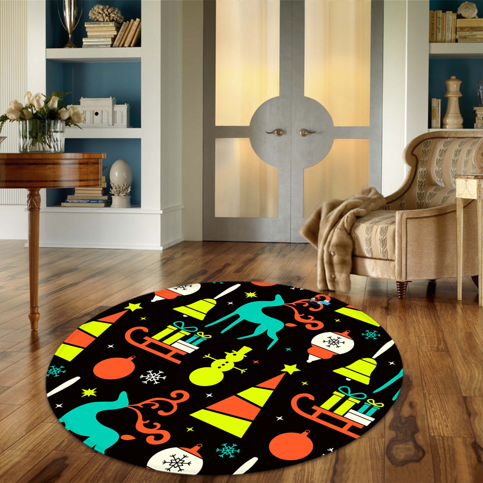 3D Gift Tree Snowman Deer 66010 Christmas Round Non Slip Rug Mat Xmas