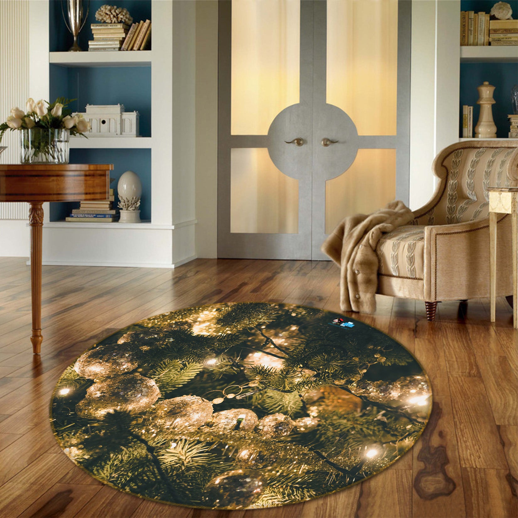 3D Tree Silver Ball 54148 Christmas Round Non Slip Rug Mat Xmas