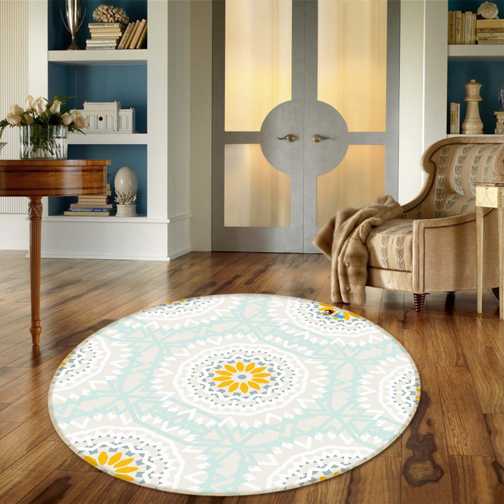 3D Yellow White Pattern 64136 Round Non Slip Rug Mat